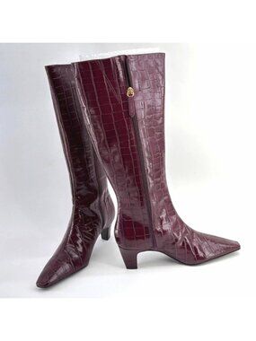 Schutz Dellia Boots Low Heel Croc Burgundy Wide Calf Kitten Heel Women Size 7B